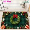 2D Flat, 2D Printed Pattern Christmas Holiday Decorative Mat, Green Plaid Base with Wreath and Bow Print, Fun Machine-Washable Rug with Dotted Plastic