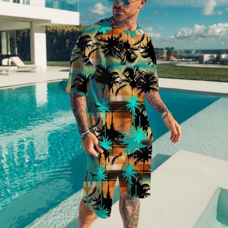 Men's Hawaiian Full Print Suit Casual T-shirt Beach Pants Suit
