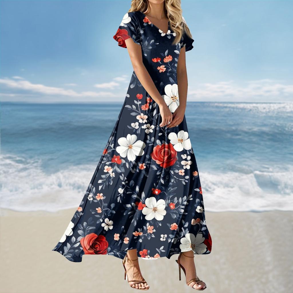 Vestido Feminino Casual Soltinho de Manga Curta com Decote V e Cintura Alta Estampado