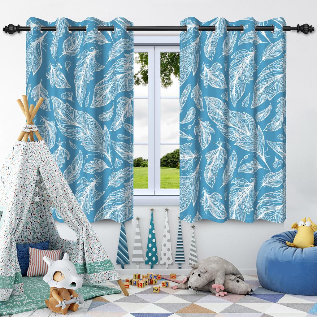 2pcs Feather Pattern Window Curtains Elegant Style Home Bedroom Living Room Blackout Curtains Thermal Insulation Washable Fabric