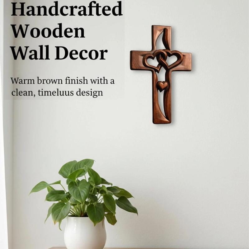 Hand-Carved Intertwined Hearts Wooden Cross, Hanging Hand Carved Marriage Cross
