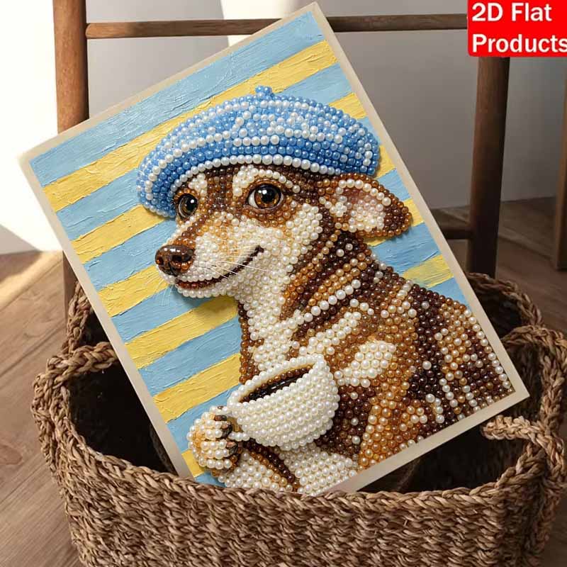 Pearl painting diy sticky diamond creative cute dog with blue hat and cup diamond painting kit living room hanging painting