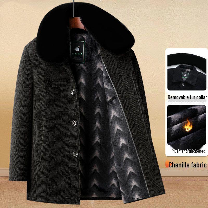 Men's Mid-length Woolen Coat - Thickened Chenille Jacket for Middle-aged & Elderly, Plus Velvet Winter Top