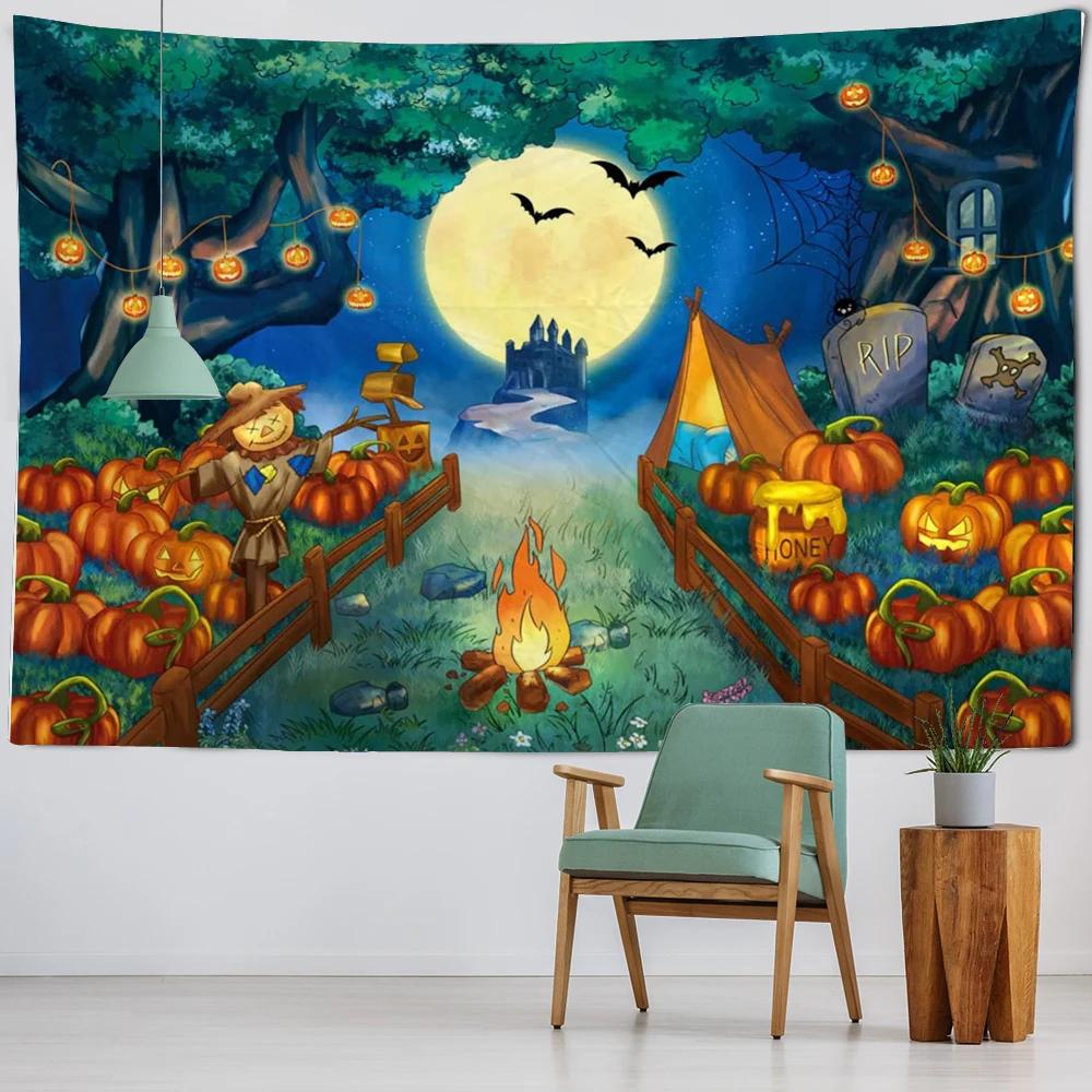 Happy Halloween Tapestry Horror Spooky Castle Pumpkin Wall Hanging Dorm Room Wall Decor Backdrop Fabric Halloween Wall Blanket