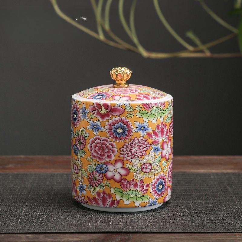 Creative Enamel Painted Flowers Ceramic Tea Jar Moisture-proof Seal Coffee Bean Candy Jar Kitchen Food Storage Container Decor