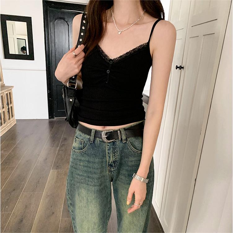 Sexy Folds Buttons Sleeveless Crop Top Black Vintage Y2K Corset Tops  Casual Basic T-shirt