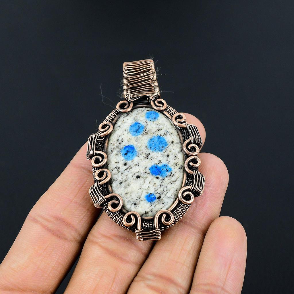 K2 Azurite Pendant, 999 Copper Wire Wrapped Gemstone Jewelry, Handmade Pendant, For Thanksgiving