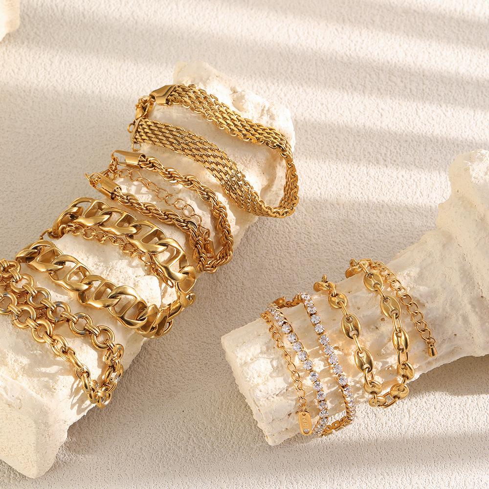 18K Gold-Plated Stainless Steel Paperclip and Rope Chain Bracelet for Women