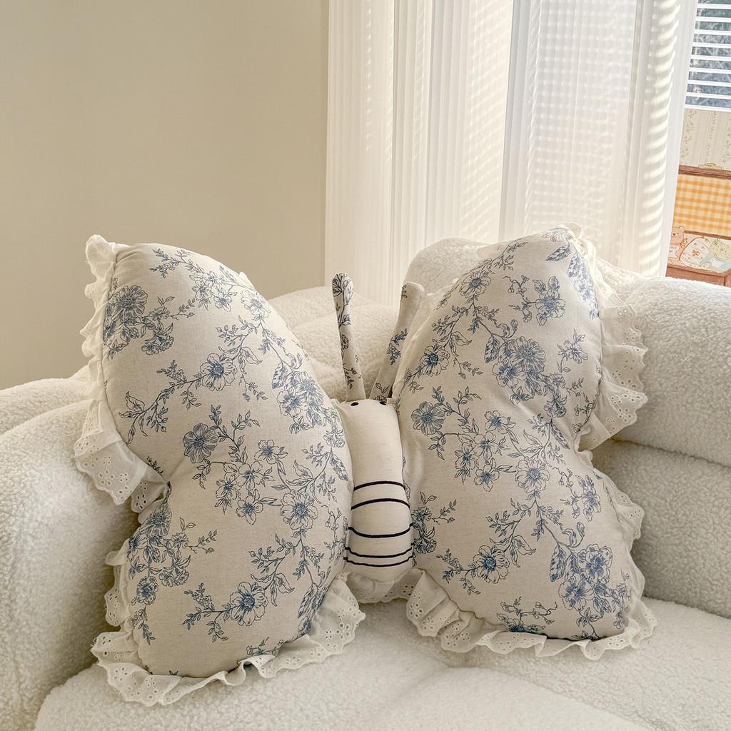 Cuscino Decorativo in Cotone e Lino con Ricamo a Farfalla e Motivo Floreale per Arredamento Soggiorno