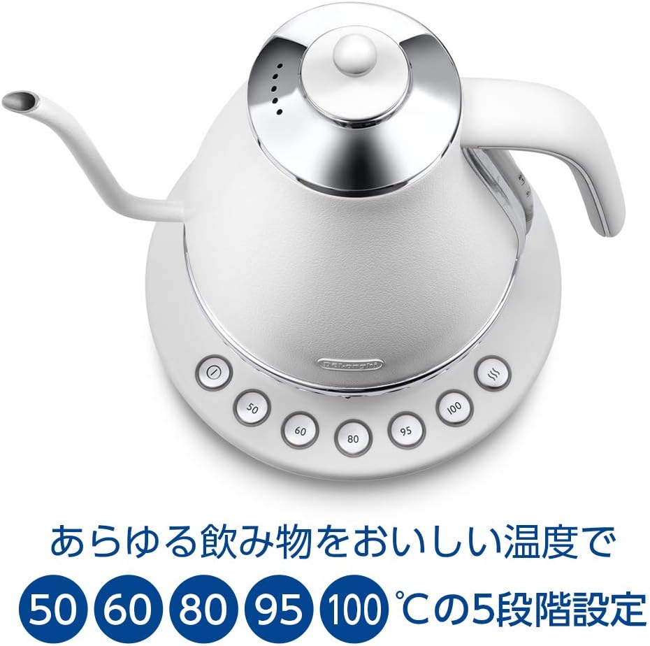 DeLonghi KBOE1230J-W Electric Cafe Kettle with Temperature Setting Function, 1.0 L (1.0 L) White