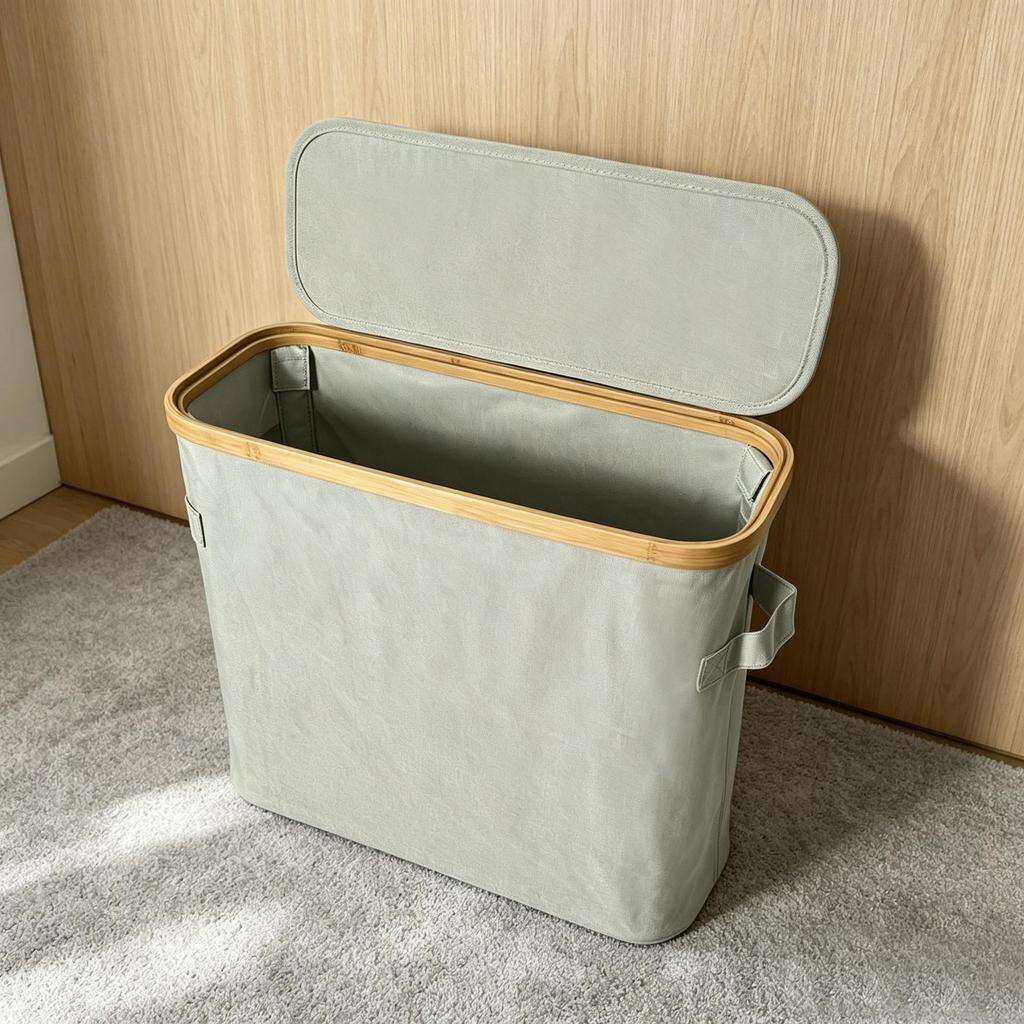 Foldable Bamboo Laundry Hamper with Lid - Oxford Cloth Dustproof Storage Basket