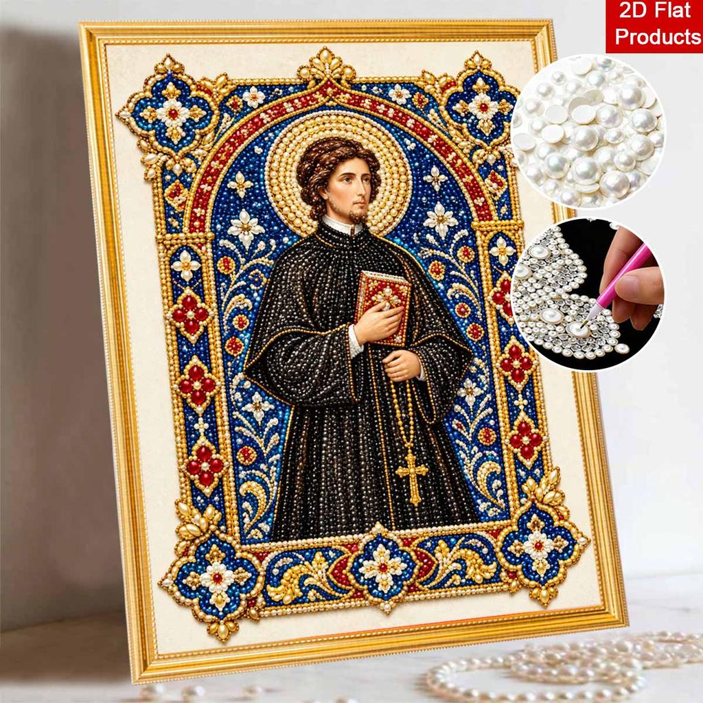 5D Framed Pearl Painting Kit Saint Religious Christian Icon Pattern Sparkling Bead Art Canvas Ready to Display Romantic Home Decor Gift