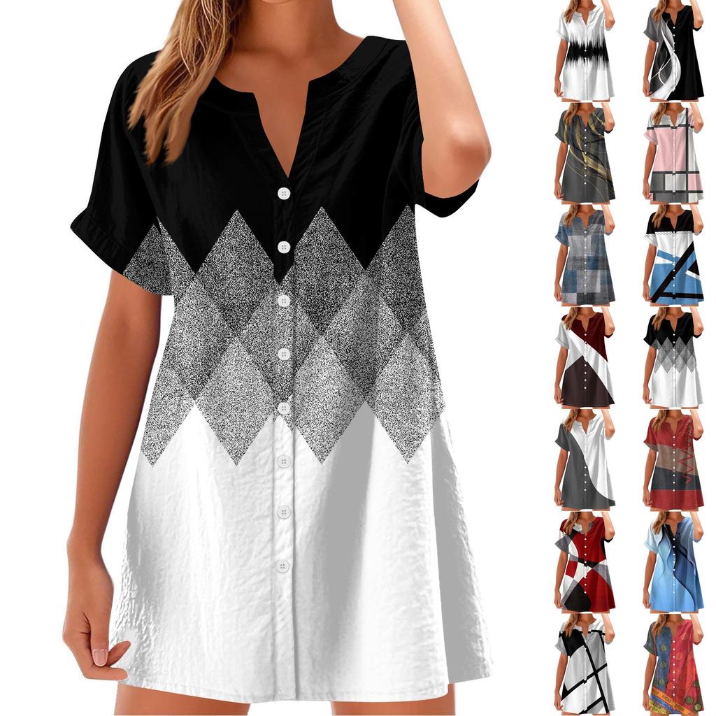 Women's Fashion Casual V-neck Short Sleeve Button Retro Color Block Splicing Print Dress