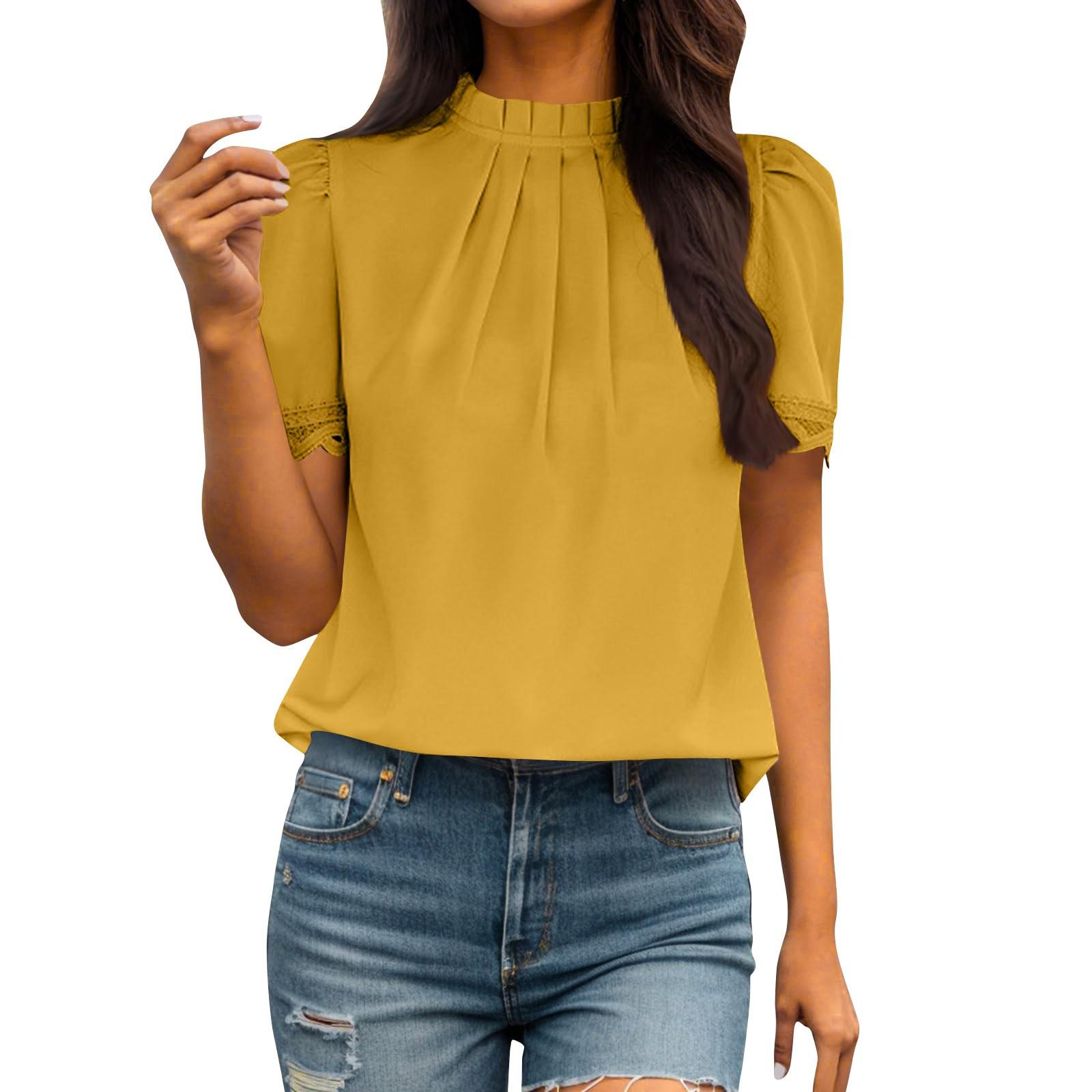 

Женский летний плиссированный повседневный топ с короткими рукавами и небольшим высоким воротником и кружевной кромкой XL жёлтый