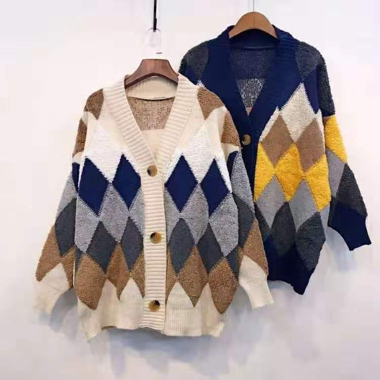 Cardigan in Maglia con Scollo a V a Blocchi di Colore e Motivo a Diamanti 2023 - Stile Coreano, Dimagrante, Vestibilità Larga per Primavera/Autunno.