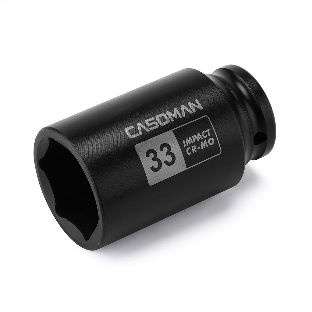 CASOMAN 1/2-Inch Drive X 33 Mm Deep 6-Point Impact Socket, CR-MO, 1/2" Dr. Axle Nut Socket For Easy Removal Of Axle Shaft Nuts (33MM)