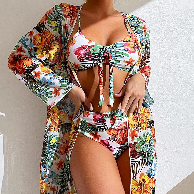 Costume da bagno a tre pezzi con stampa europea e americana: Copricostume Bikini a Maniche Lunghe, Stile Sexy per le Vacanze