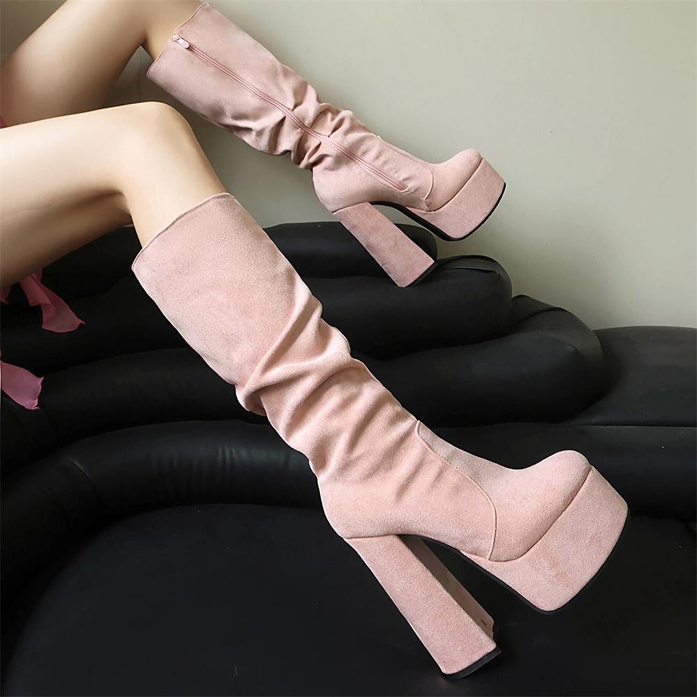 Ultra Thick Heel Knee High Boots Frosted Suede Leather Side Zipper Long Tube Platform New Size 35-47 Flocked Fashion Footwear