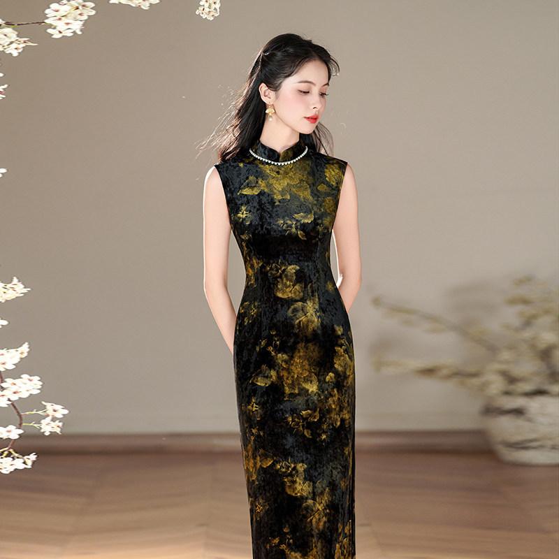 Black velvet sleeveless national style Suzhou long autumn qipao, improved youthful style, sophisticated for women, spring-autumn