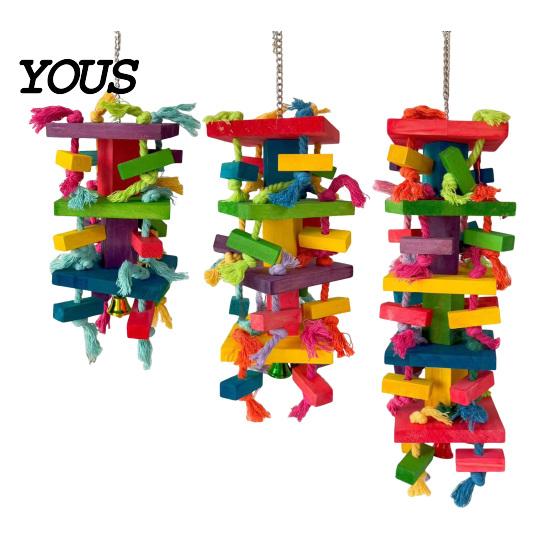 Durable Parrot Toy Chewing for Macaws African Greys, Colorful Wooden Block Puzzle with Cotton Rope Bird Tassels, Hanging Interactive