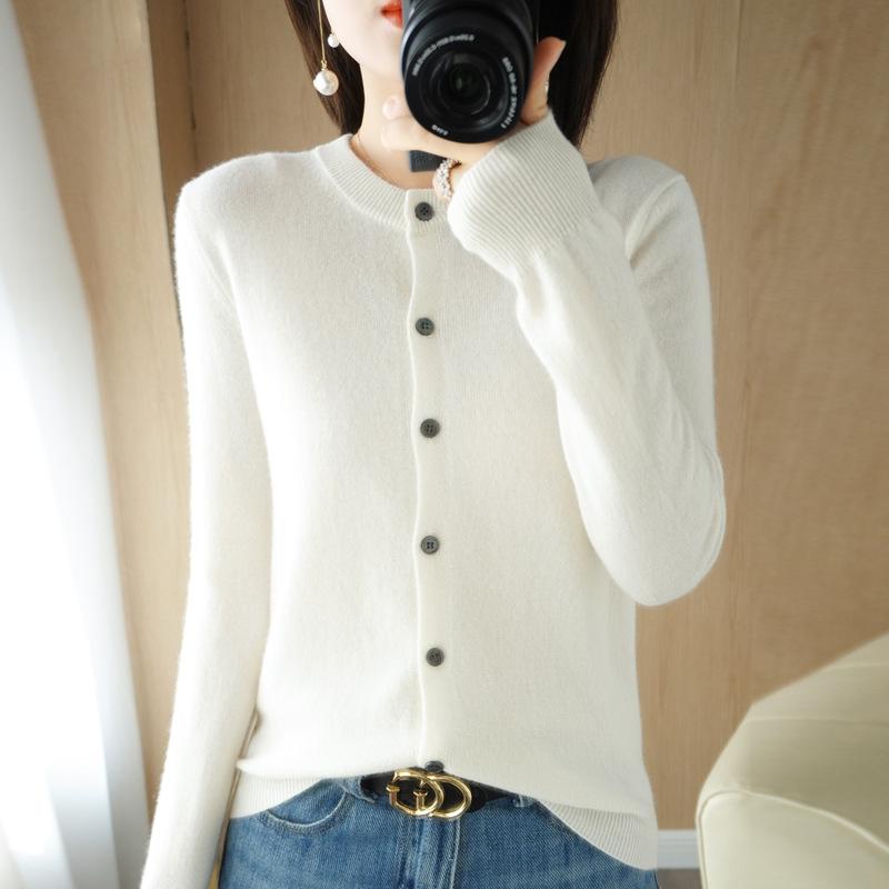 Damen Cardigan mit langen Ärmeln Rundhalsausschnitt Eleganter Strick Cardigan Pullover Einfarbige Einreiher Frühling Herbst Oberbekleidung
