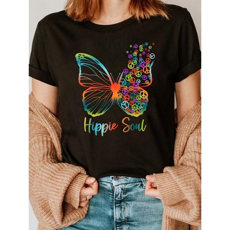 Hippie Soul Butterfly Print T-shirt, Short Sleeve Crew Neck Casual Top for Summer & Spring, Women s Clothing S чёрный