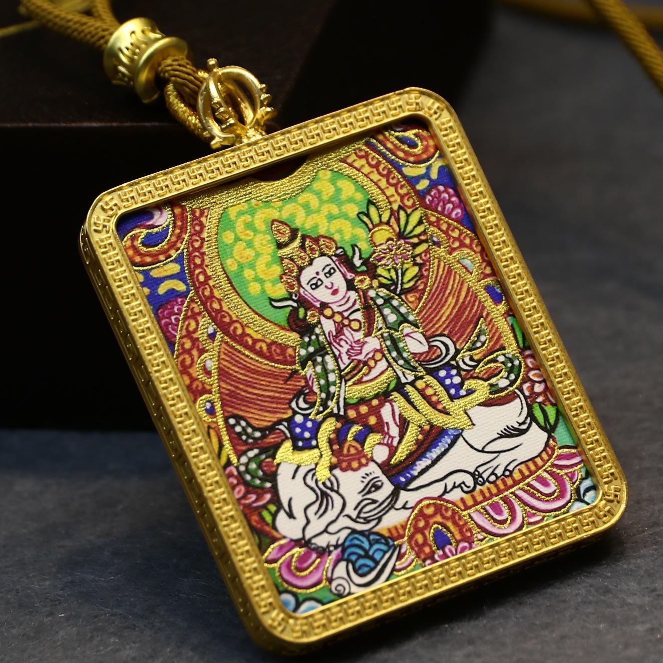 

Gold-Painted Tibetan Thangka Pendant with Eight Guardian Deities in Zhakiram Mahakala Gau Design Gilded Core + Case