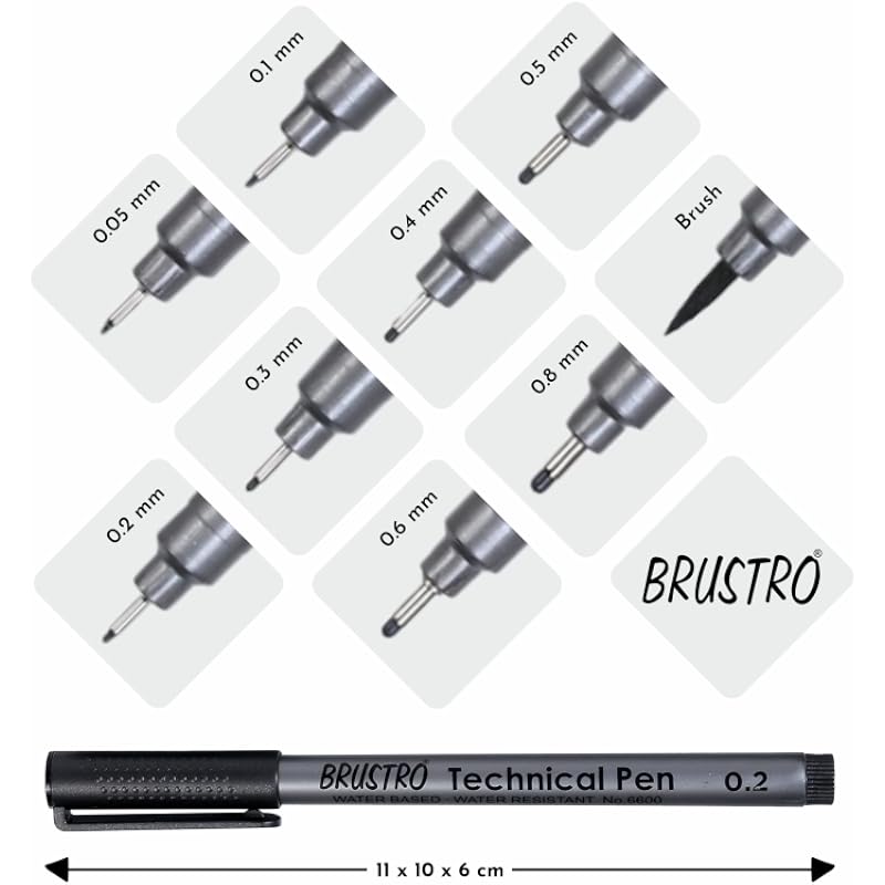 BRUSTRO Technical Fineliner Pen I Black I Set of 6 - Tip Sizes - 0.05mm, 0.1mm, 0.2mm, 0.3mm, 0.5mm, 0.8mm | Ideal For M
