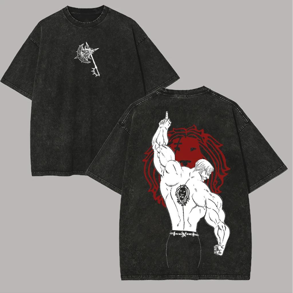 Anime-Liebhaber Sieben Todsünden Escanor Bedrucktes Unisex Gewaschenes Oversized T-Shirt Unisex Baumwolle Streetwear Kurzarm Unisex Kleidung