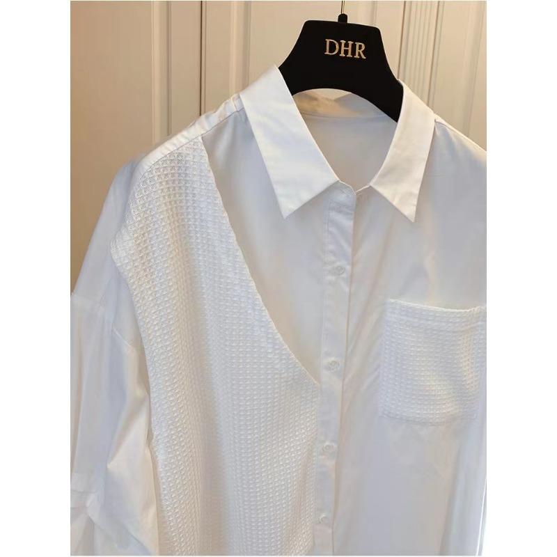 Splicing Fake Two Irregular Niche Designs Loose Casual Retro White Shirt for Women Blouses & Shirts