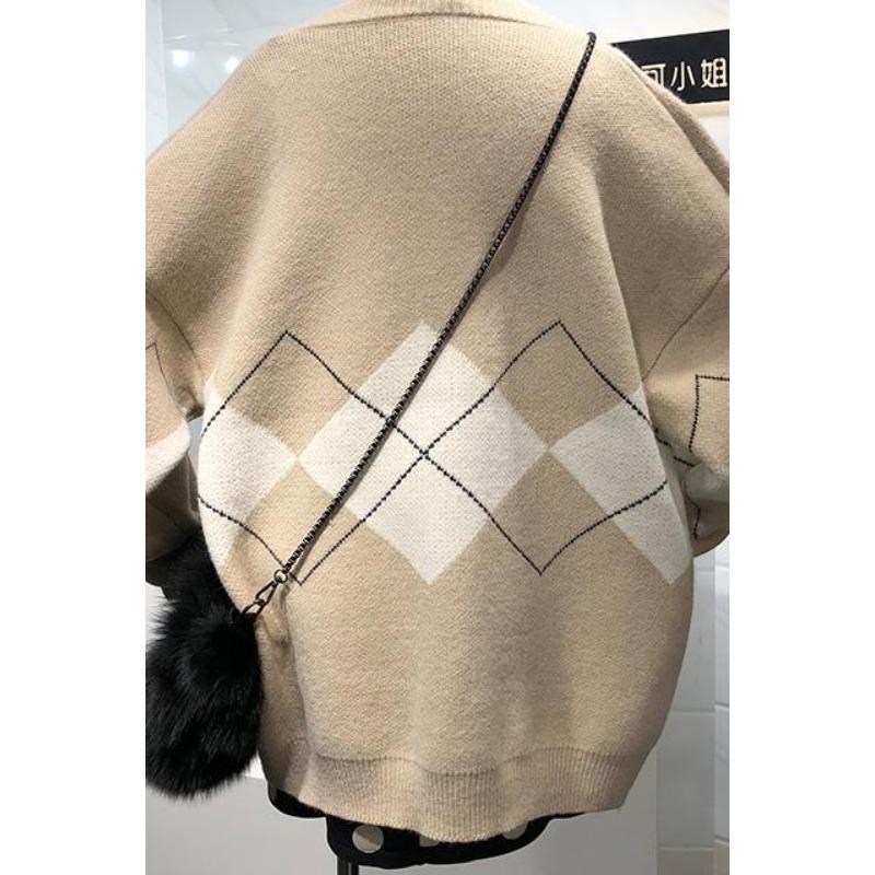 Korean Version Knitted Cardigan Women Sweater Loose V-neck Diamond Print Casual Simple Coats Autumn Winter Female College Style Long Sleeve Clothing