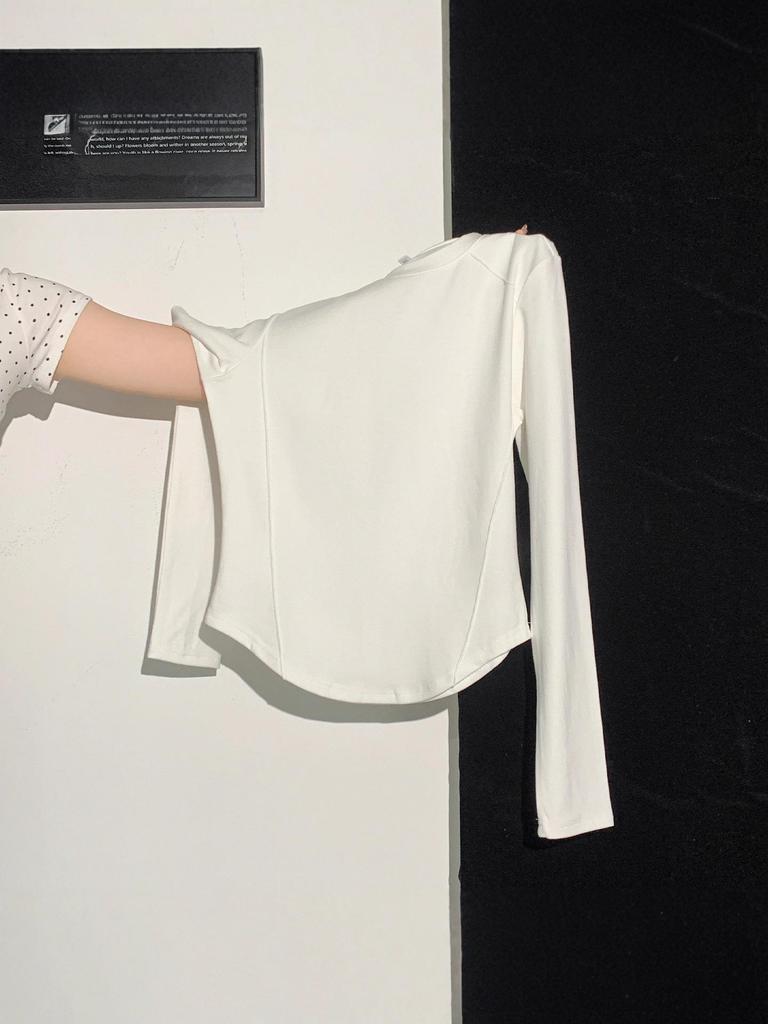 White Slim Fit Round Neck Long Sleeve Base Layer Top for Women - Autumn/Winter