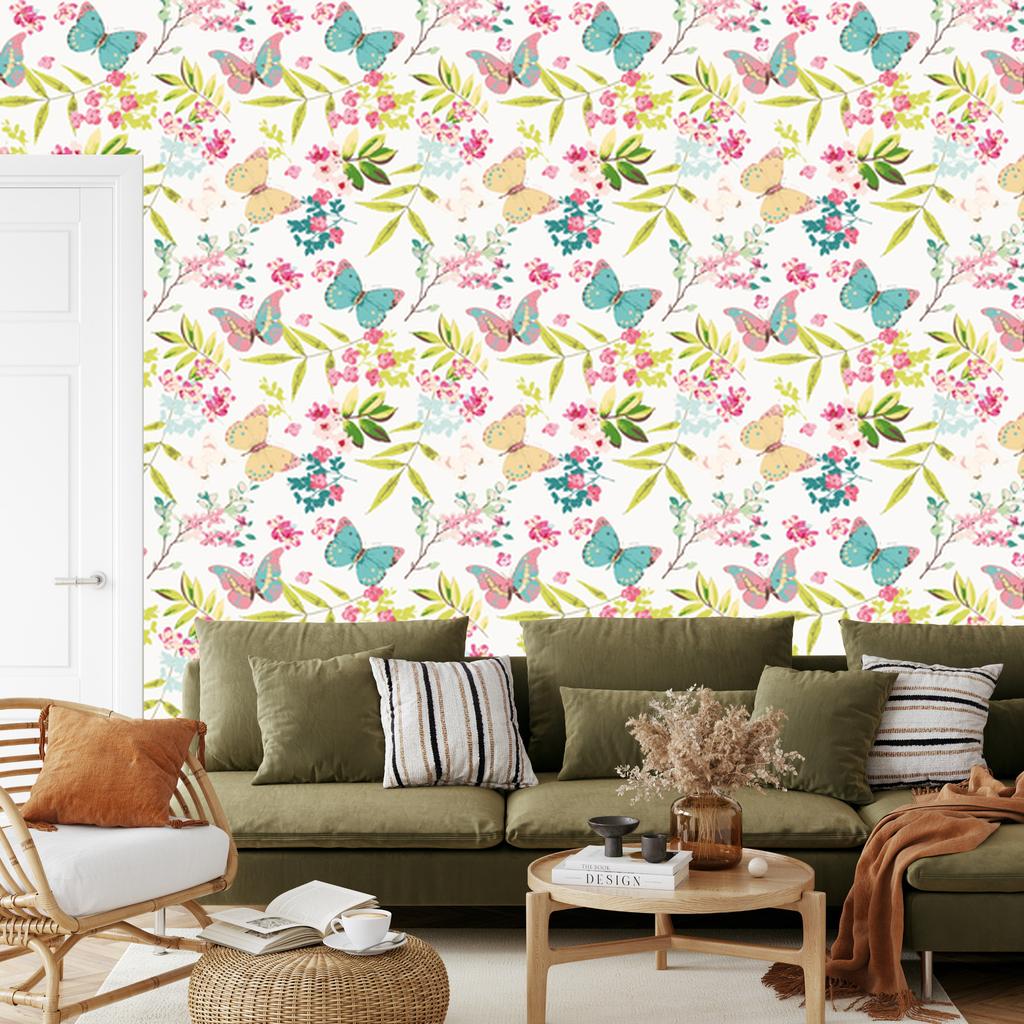 Colorful Butterflies and Flowers Wallpaper for Living Room and Bedroom 50x1000