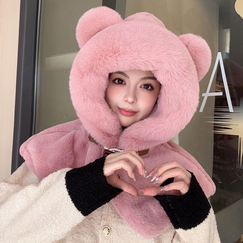 Cute hairy hat winter ladies tide bear vest integrated cold protection thickened winter hat warm shawl