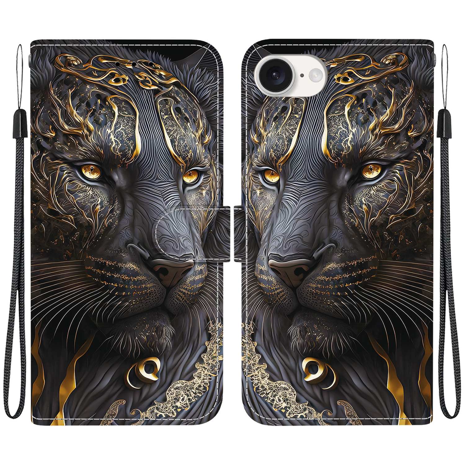 

For iPhone 16e Leather Case Stand Wallet Pattern Printing Phone Cover with Wrist Strap Black Gold Lion