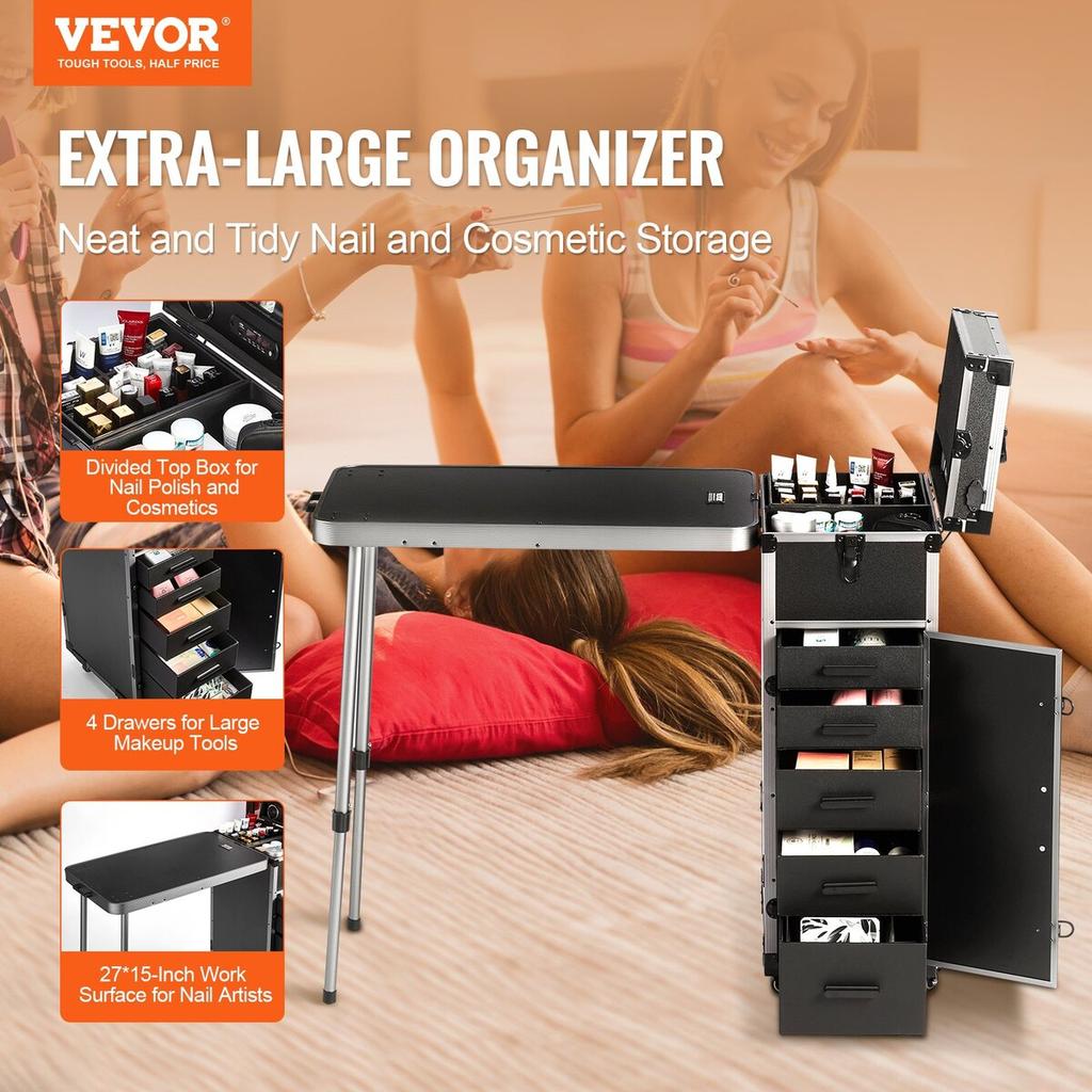 Professional Makeup Train Case Aluminum Cosmetic Case, Workbench With Supporting Legs, Rolling Makeup Case Extra Large Trolley Makeup Travel