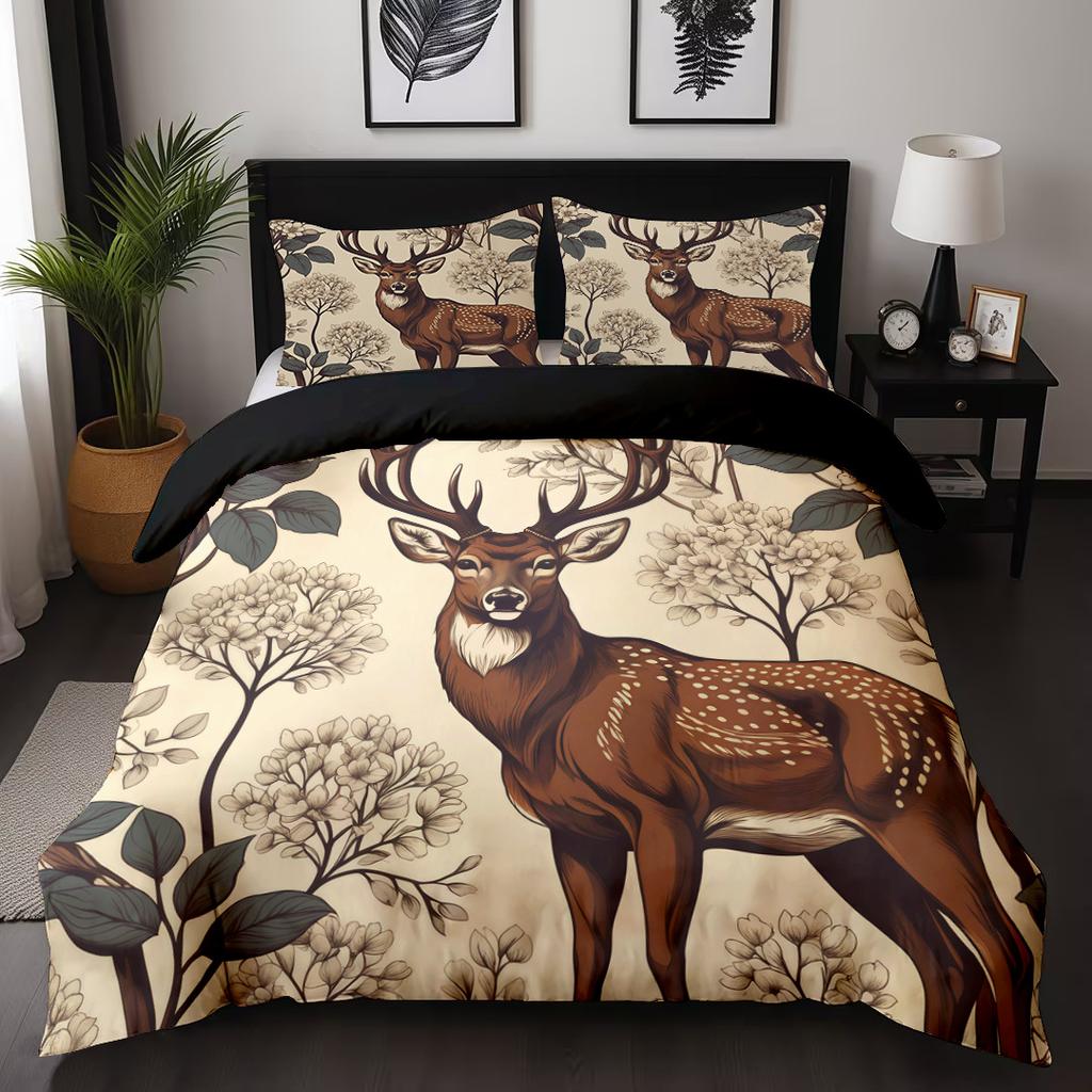 Bedding Flower Elk 3D Digital Printing Quilt Cover Pillowcase Three-Piece Set