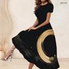Women Plus Size Round Neck Short Sleeve Black Gold Printed A Line Long Dress