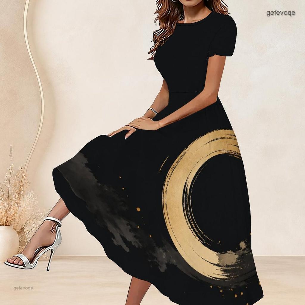 Women Plus Size Round Neck Short Sleeve Black Gold Printed A Line Long Dress