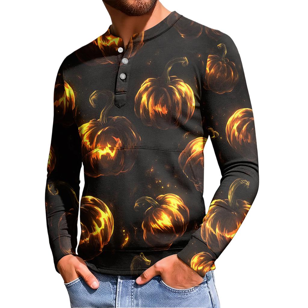 Men's Casual Button-Down Sweatshirt Fashion Printed Long Sleeve Shirt Pullover