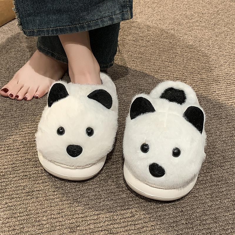 Fashion 2024 Autumn and Winter New Women's Thick-Soled Plush Baotou Cute Cartoon Dog Warm and Comfortable Cotton Slippers