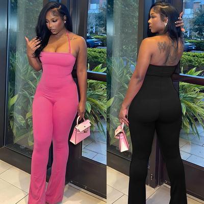 Halter Sleeveless Bell-Bottom Pants Jumpsuit  Women Streetwear Birthday Party Solid Pure Sexy Club Strapless