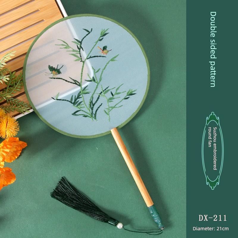 Antique Embroidery Circular Fan Chinese Style Cheongsam Fan Women's Double-Sided Embroidered Transparent round Long Handle Ancient Chinese Clothing