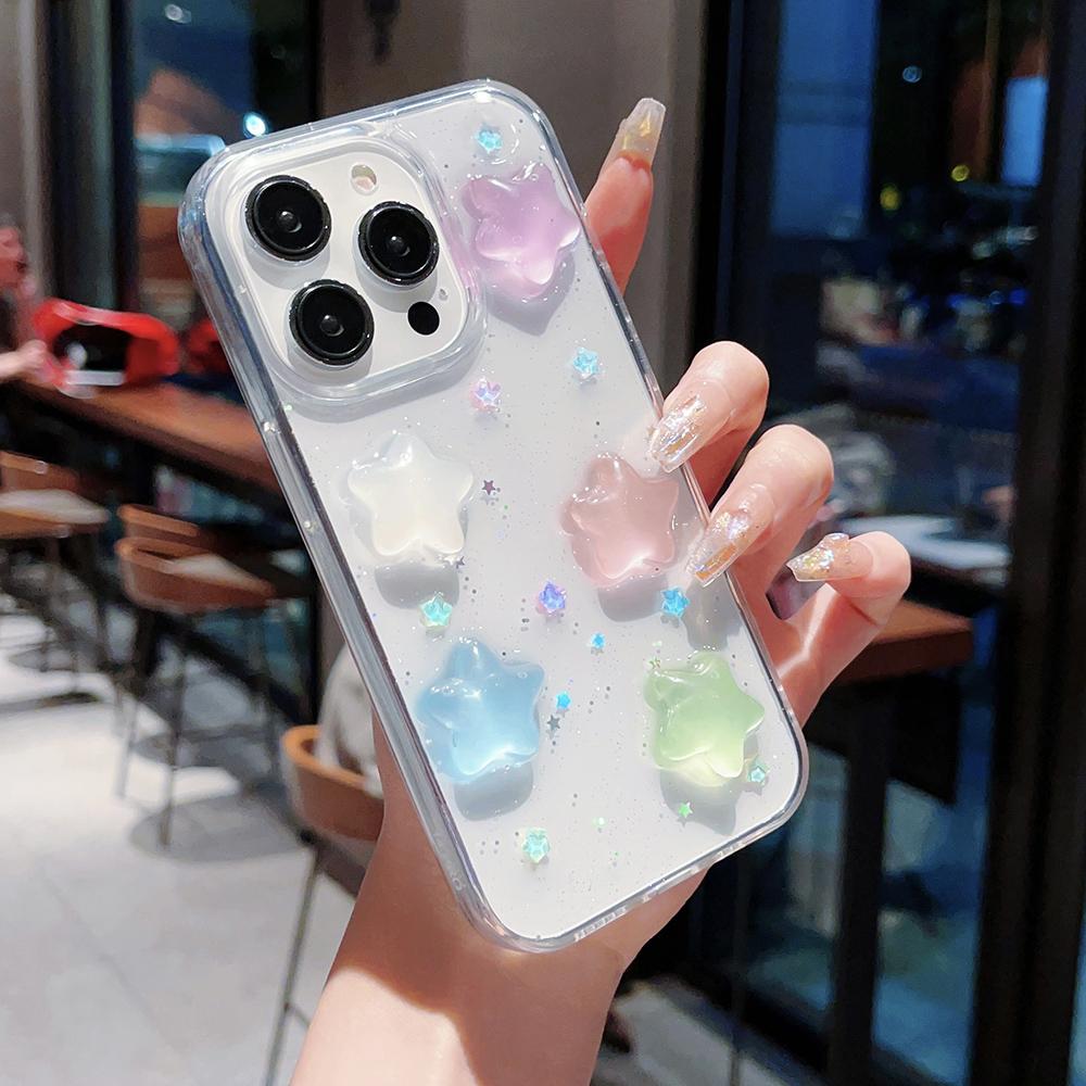 Super Cute Glow in dark Case for iPhone 16 15 14 13 17 Pro Max Cases Shockproof IPhone 17 air Soft Cover 3D Star kawaii Coque