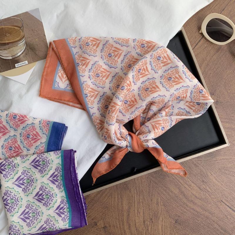 Floral Headscarf Summer Women's Pastoral New Literary and Versatile Small Scarf 58 Cotton and Linen Small Square Scarf Silk Scarf Women's Headband