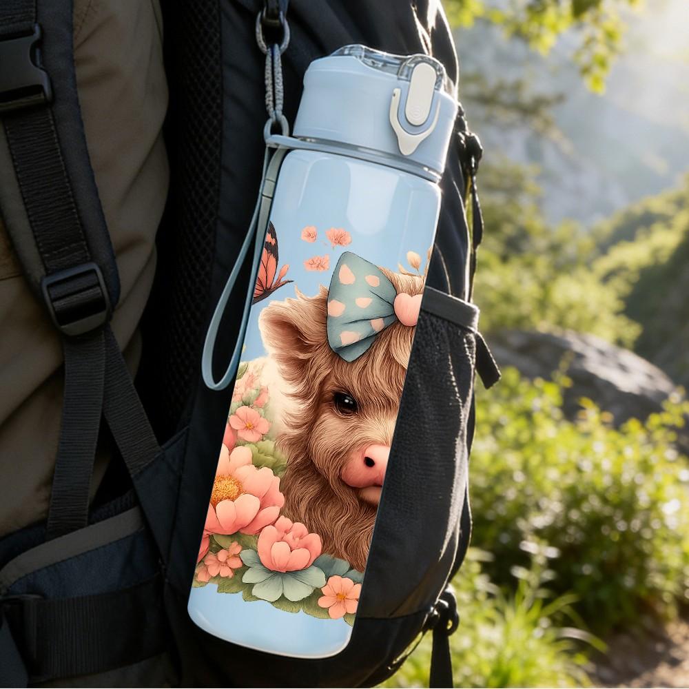 1PC Highland Cow Butterfly Floral Print 750ml Color Plastic Sports Water Bottle Leakproof Flip Straw Lid Suitable for Sports Office Home Use