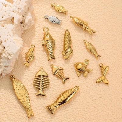 Gold Fish Bone Stainless Steel Pendant: Cute Charm for DIY Bracelets, Necklaces, Earrings