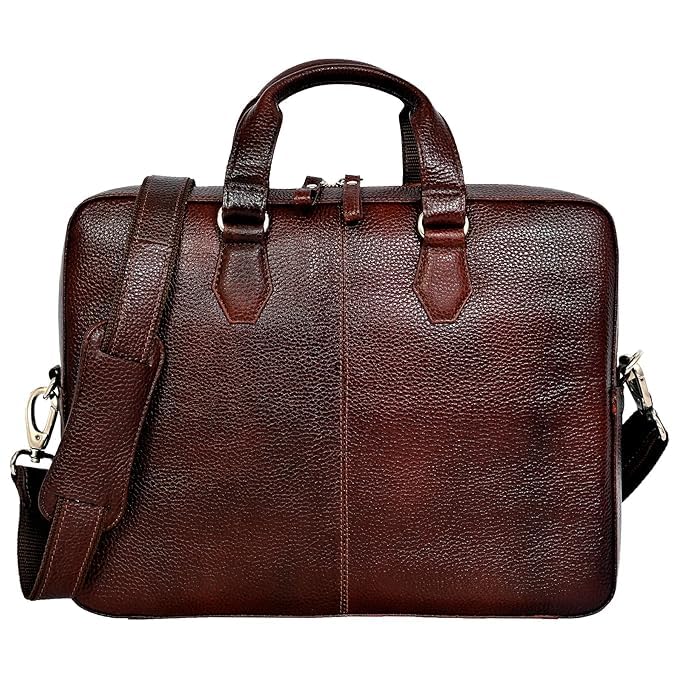 Leather Laptop Briefcase Bag for Men, Vintage Durable Zipper Multi Pocket Office Business Work Travel Carry Messenger Shoulder Crossbody Bag