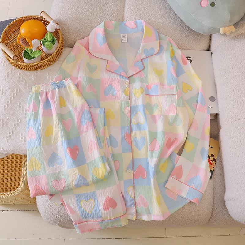 Damen grenzüberschreitender Liebes-Pyjama-Set: Langärmiger Cardigan & Hose, Wolkenbaumwolle für Frühling, Herbst und Klimaanlagen.