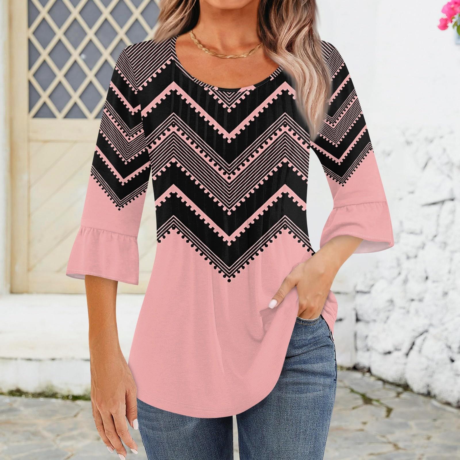 

Жіночі сорочки з рукавом 3/4 Топи Одягнені повсякденні блузки Плісе Топи-туніки з вигнутою горловиною M рожевий